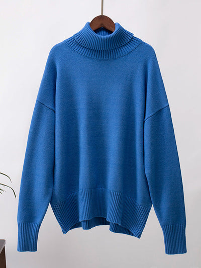 High-Low Long Sleeves Solid Color Split-Joint High Neck Sweater Tops