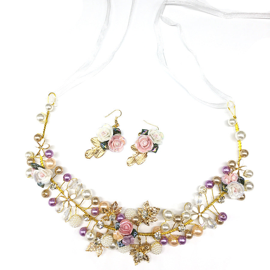 bridal headwear handmade pearl ceramic flower headband earrings set