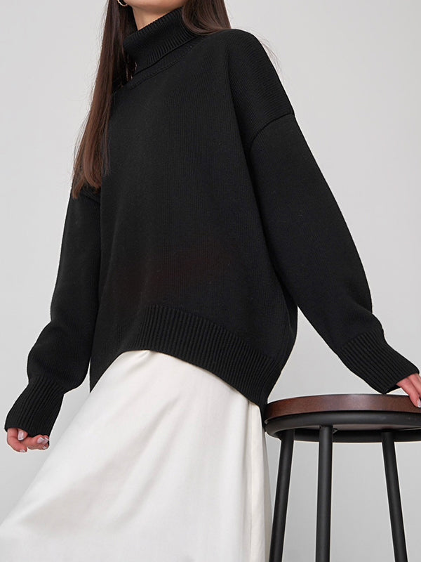 Long Sleeves Loose Solid Color High Neck Knitwear Pullovers Sweater Sweater Tops