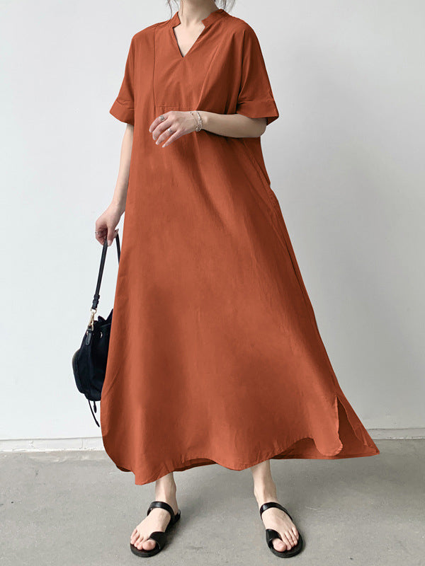 Loose Short Sleeves Solid Color V-Neck Maxi Dresses