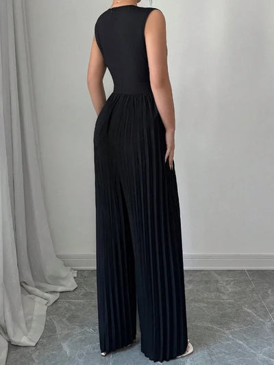 High Waisted Loose Contrast Color Pleated V-Neck Jumpsuits