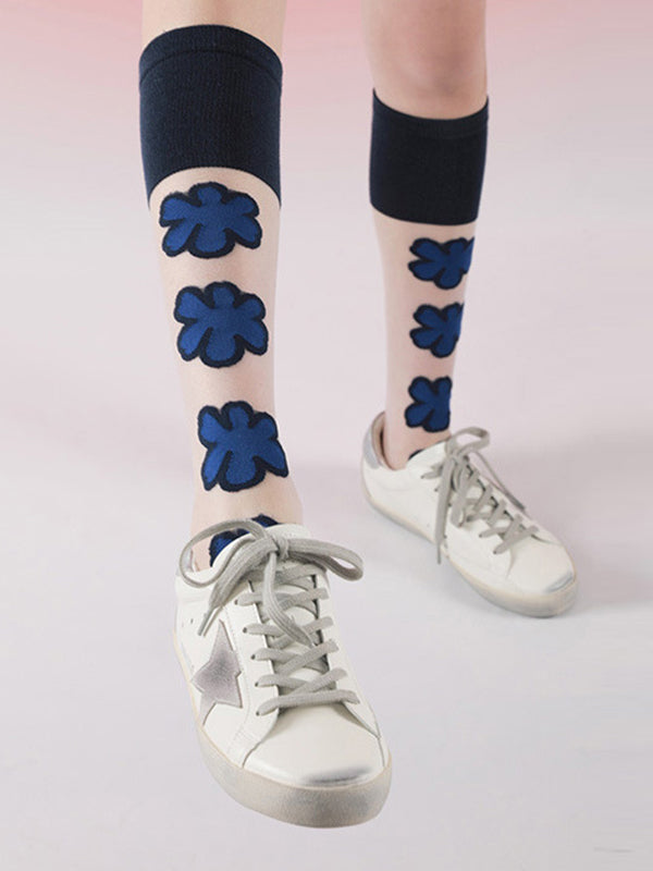 Blue Black Knitted Flower Socks Accessories