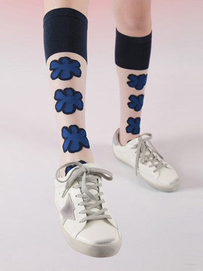 Blue Black Knitted Flower Socks Accessories