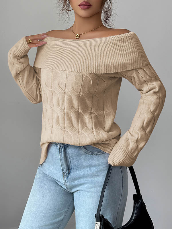 Long Sleeves Solid Color Split-Joint Off-The-Shoulder Pullovers Sweater Tops