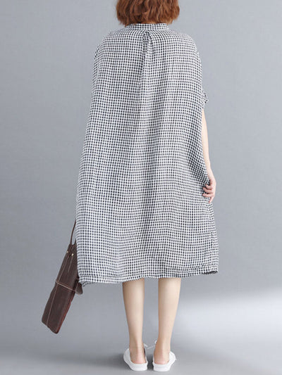 Artistic Retro Loose Split-Joint Plaid Buttoned Stand Collar Half Sleeves Midi Dress