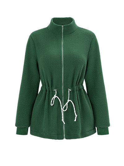 Long Sleeves Loose Drawstring Solid Color Velvet Zipper Stand Collar Outerwear