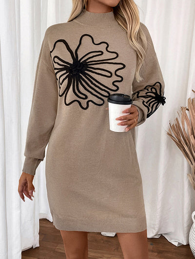 Long Sleeves Loose Knitted Flower Split-Joint Mock Neck Mini Dresses Sweater Dresses