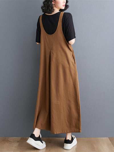 Ninth Pants Wide Leg Buttoned Solid Color Spaghetti-Neck Overalls