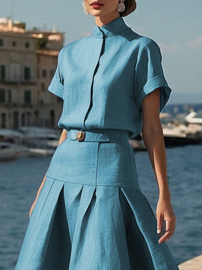 Loose Short Sleeves Solid Color Mock Neck Blouses&Shirts Tops