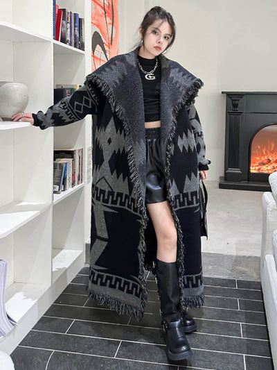 Long Sleeves Loose Contrast Color Geometric Split-Joint Tasseled Lapel Outerwear Overcoat