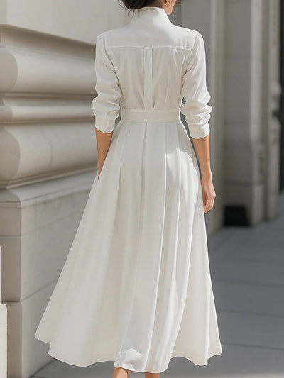 Long Sleeves Loose Belted Pockets Solid Color Stand Collar Maxi Dresses