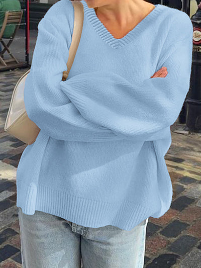 Long Sleeves Loose Ribs Solid Color V-Neck Sweater Tops