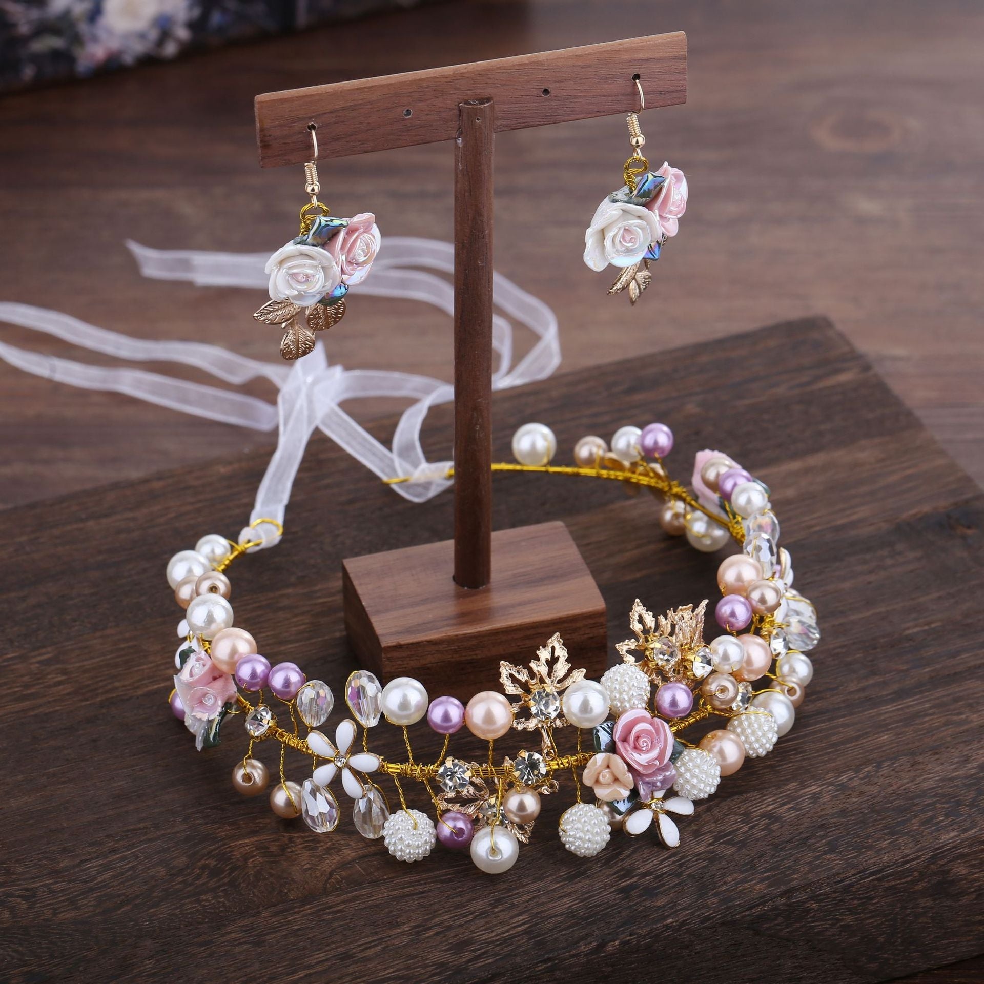 bridal headwear handmade pearl ceramic flower headband earrings set