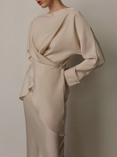 Loose Solid Color Split-Joint Boat Neck Long Sleeves Blouse & Shirt + Skirt Two Pieces Set