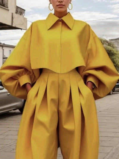 Long Sleeves Loose Buttoned Pleated Pockets Solid Color Lapel Two Pieces Set