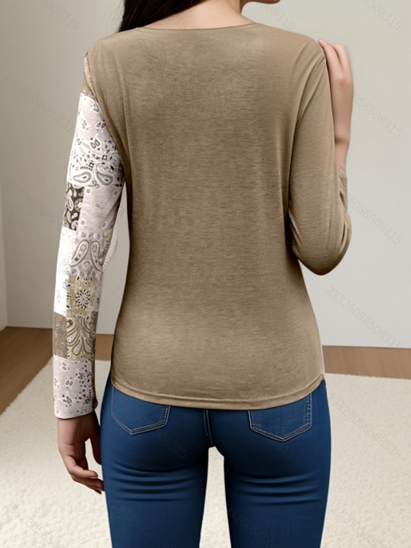 Irregularity Long Sleeves Asymmetric Buckle Contrast Color Pleated Split-Joint Round-Neck T-Shirts Tops