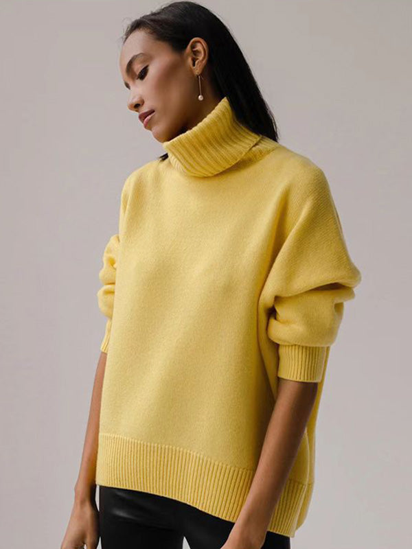 Casual Long Sleeves Loose Solid Color High-Neck Sweater Tops