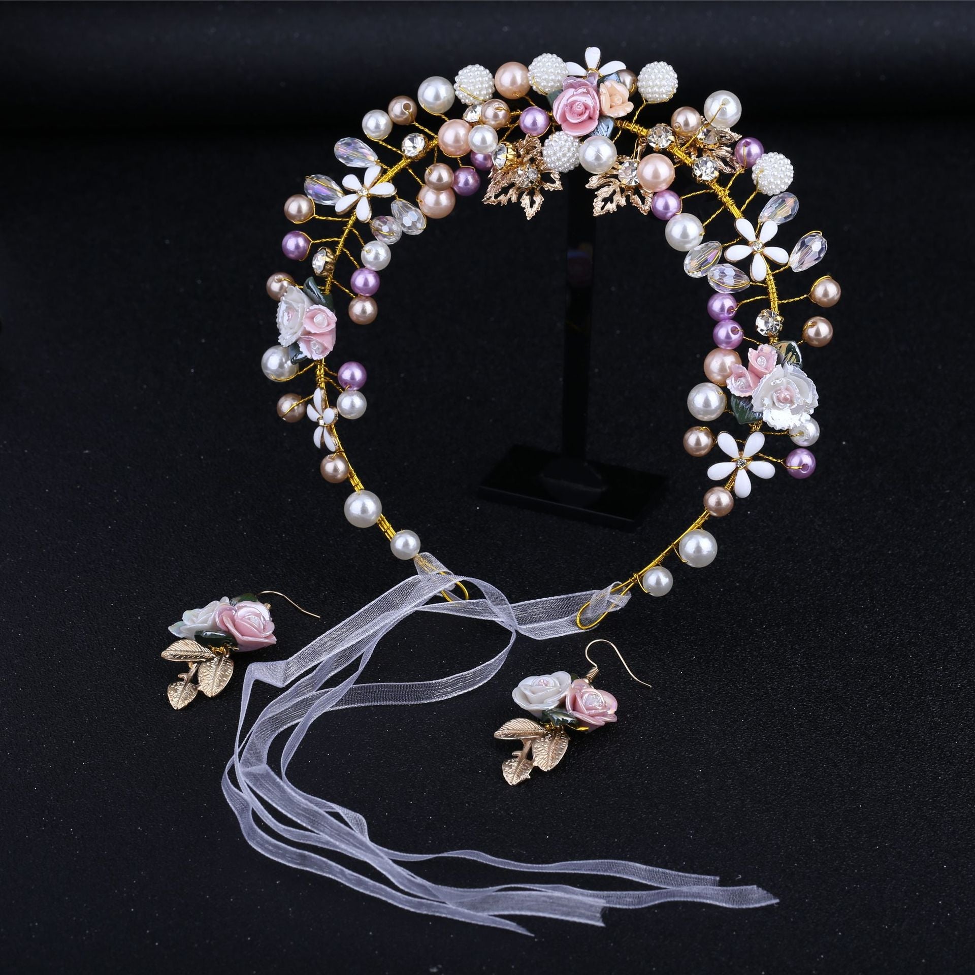 bridal headwear handmade pearl ceramic flower headband earrings set