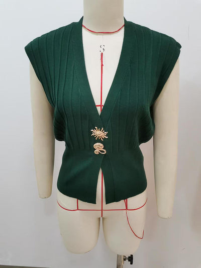 High Waisted Loose Buckle Ribbed Knit Solid Color Split-Joint Split-Side V-Neck Vest Top