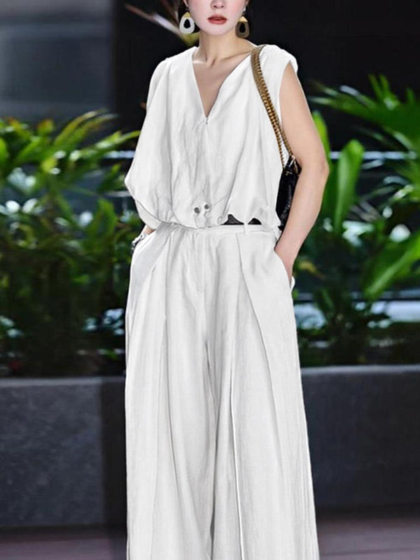 Loose Sleeveless Pleated Split-Joint V-Neck Blouses&Shirts Tops