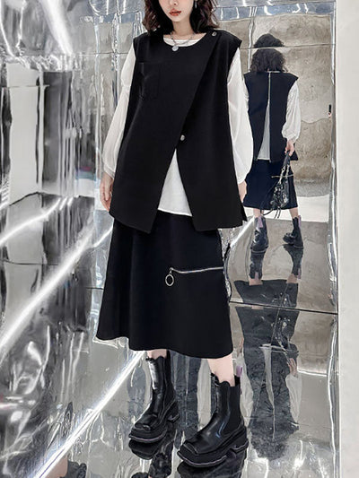 Loose Sleeveless Asymmetric Zipper Round-Neck Vest Top