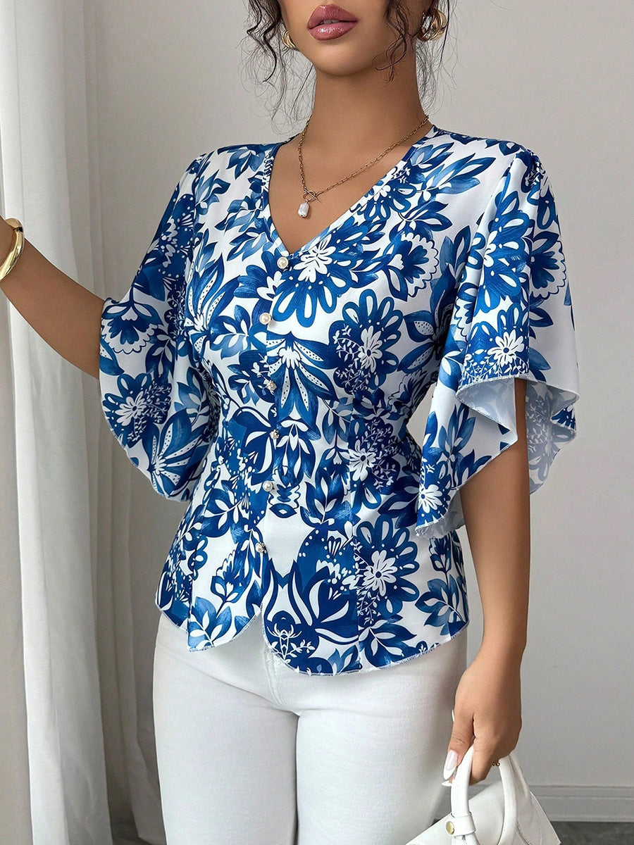Flared Sleeves Half Sleeves Buttoned Contrast Color Flower Print Pleated V-Neck Blouses&Shirts Tops