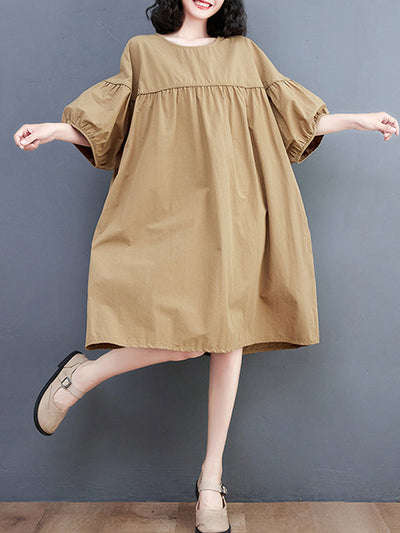 Loose Short Sleeves Solid Color Round-Neck Midi Dresses