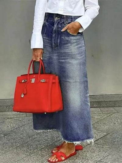 Loose Fringed No Belt Pockets Solid Color Skirts Bottoms