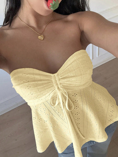Skinny Sleeveless Backless Hollow Pleated Solid Color Split-Joint Tied Tube Vest Top