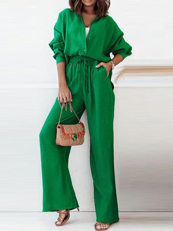 Solid Color High-Low Long Sleeves Lapel Blouses + Drawstring Pants Two Pieces Set