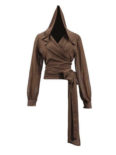 Long Sleeves Loose Pleated See-Through Solid Color Tied Waist Hooded Blouses&Shirts Tops