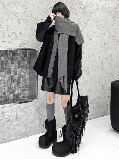 Long Sleeves Loose Buttoned Contrast Color Reversible Split-Joint Collarless Cardigan Tops Outerwear