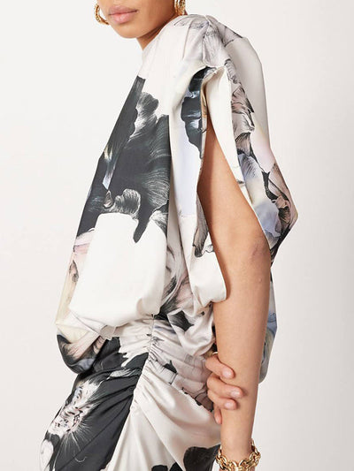 Batwing Sleeves Loose Asymmetric Floral Printed Split-Joint Split-Side One-Shoulder Evening Dresses Maxi Dresses