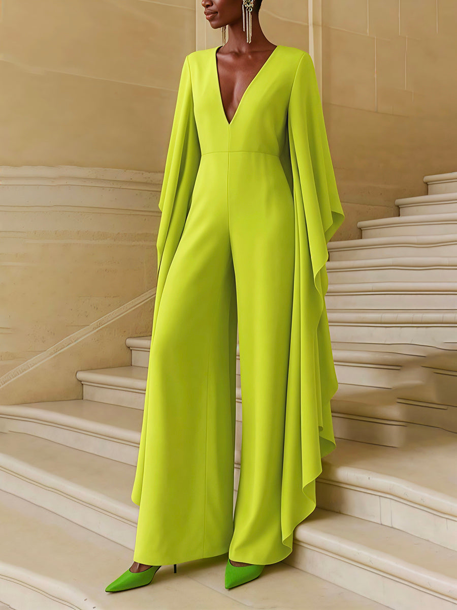 Flared Sleeves High Waisted Pockets Solid Color Deep V-Neck Jumpsuits