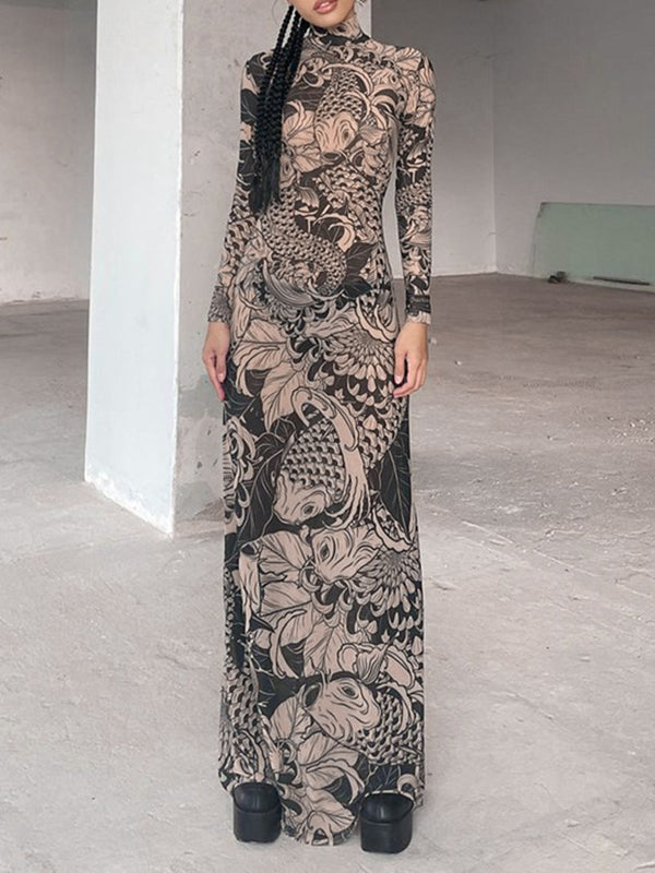 Long Sleeves Skinny Printed See-Through Split-Joint High Neck Evening Dresses Maxi Dresses