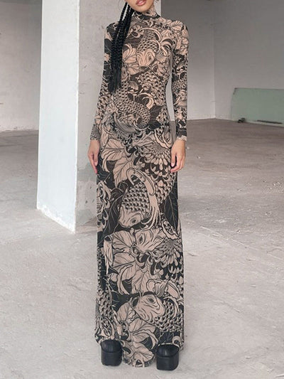 Long Sleeves Skinny Printed See-Through Split-Joint High Neck Evening Dresses Maxi Dresses