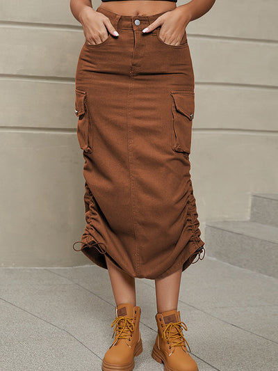 A-Line Buttoned Drawstring Pockets Solid Color Split-Side Skirts Bottoms
