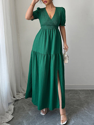 Half Sleeves High Waisted Pleated Solid Color Split-Front V-Neck Maxi Dresses