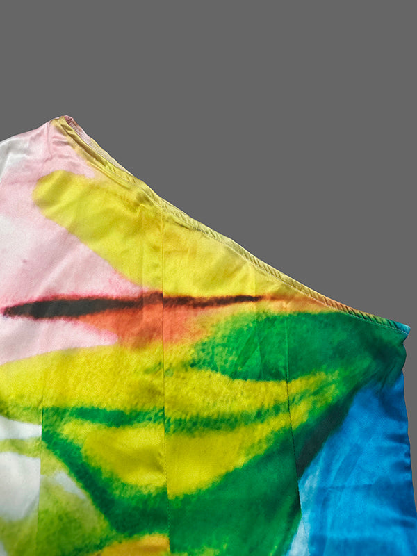 Long Sleeves Loose Flower Print Pleated Pockets One-shoulder Jumpsuits