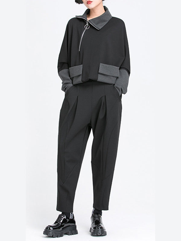 Harem Pants Loose Elasticity Pleated Pockets Solid Color Split-Joint Pants