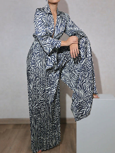 Loose Puff Sleeves Pleated Printed Split-Joint Deep V-Neck Jumpsuits