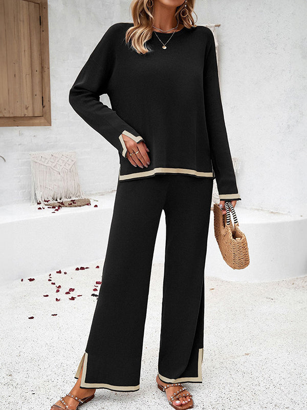 Long Sleeves Contrast Color Split-Joint Split-Side Round-Neck High-Low Sweater Tops +  Pants Bottom Two Pieces Set