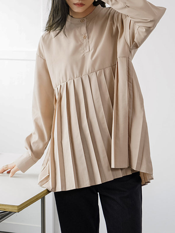 Long Sleeves Loose Buttoned Pleated Solid Color Round-Neck Blouses&Shirts Tops