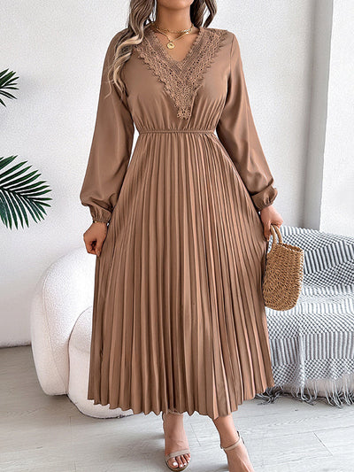 Elasticated Waist High Waisted Pleated Solid Color V-Neck Midi Dresses