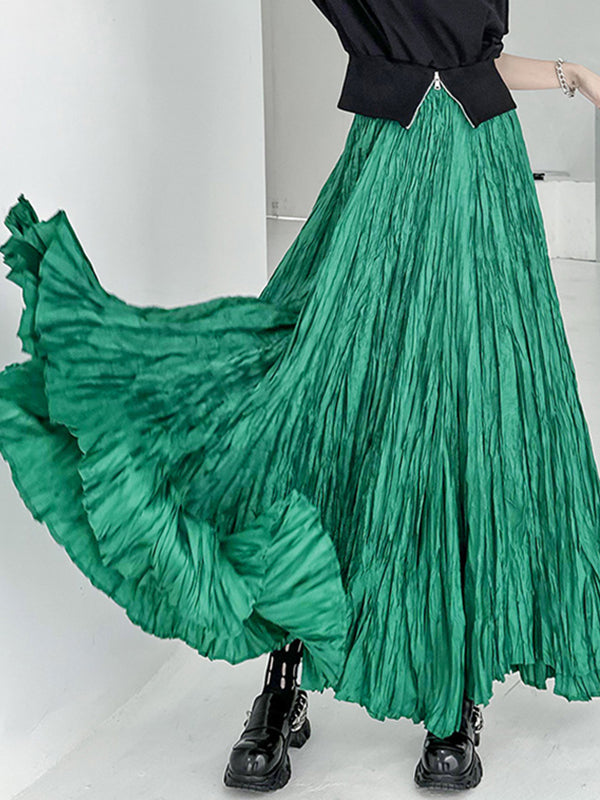 A-Line Irregular Clipping High-Waisted Pleated Solid Color Skirts