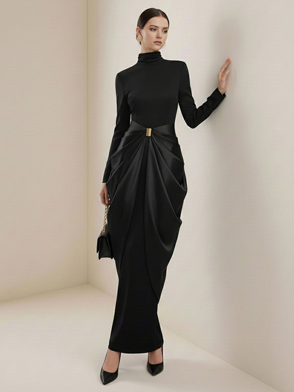 Long Sleeves Buckle Draped High-Neck Evening Dresses Maxi Dresses