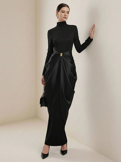 Long Sleeves Buckle Draped High-Neck Evening Dresses Maxi Dresses