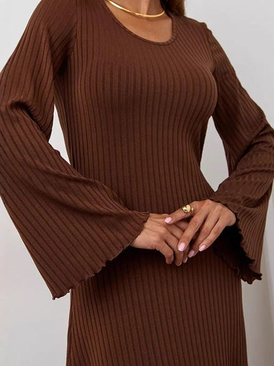 Long Sleeves Pleated Ruffled Solid Color Split-Joint Round-Neck Maxi Dresses