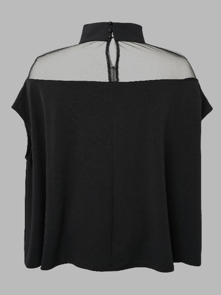 Batwing Sleeves Plus Size Cape See-Through Solid Color Split-Toe High-Neck Blouses&Shirts Tops