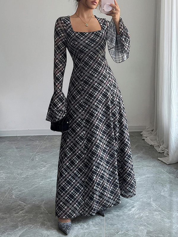 A-Line Flared Sleeves Contrast Color High-Waisted Plaid Square-Neck Maxi Dresses
